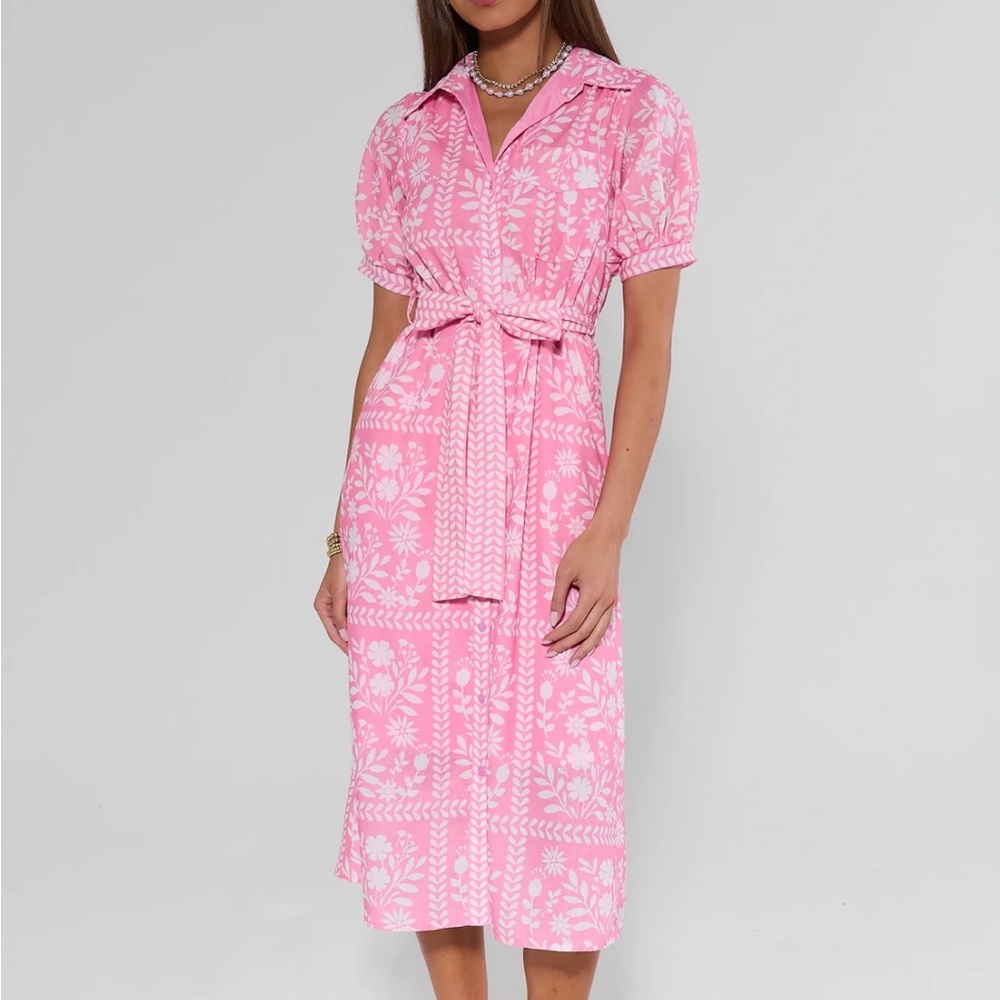 Magnolia Pink Floral Tie-Waist Midi Dress